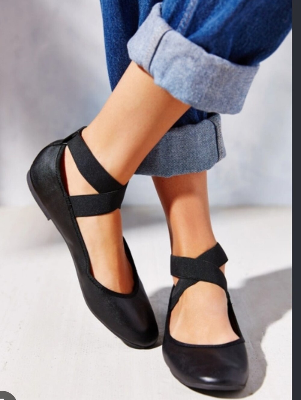 Black Leather Ballet Flats with Ankle Strap Size 8.5